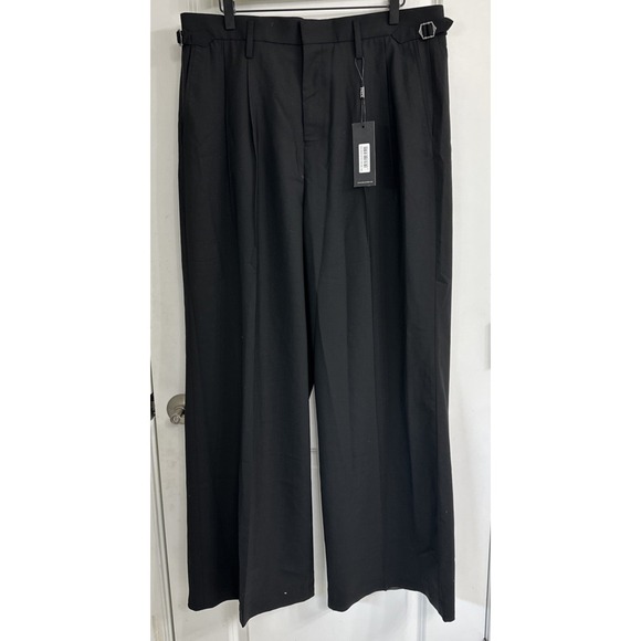 Men Size 36 Wide Leg Side Buckled Flare Pleated Pants Black Luxury